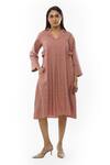 Buy_KHAT_Pink Handwoven Cotton Plain Notched Collar Front Pleated Dress _at_Aza_Fashions