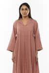 KHAT_Pink Handwoven Cotton Plain Notched Collar Front Pleated Dress _Online_at_Aza_Fashions