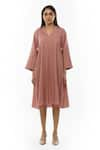 Buy_KHAT_Pink Handwoven Cotton Plain Notched Collar Front Pleated Dress _Online_at_Aza_Fashions