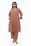 Buy_KHAT_Pink Handwoven Cotton Plain Notched Collar Front Pleated Dress And Pant Set _at_Aza_Fashions