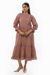 Buy_KHAT_Pink Poplin Cotton Plain Round Neck Pintucked Yoke Tiered Dress _at_Aza_Fashions