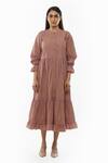 KHAT_Pink Poplin Cotton Plain Round Neck Pintucked Yoke Tiered Dress _Online_at_Aza_Fashions