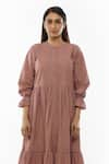 Buy_KHAT_Pink Poplin Cotton Plain Round Neck Pintucked Yoke Tiered Dress _Online_at_Aza_Fashions