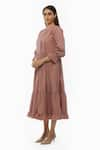 Shop_KHAT_Pink Poplin Cotton Plain Round Neck Pintucked Yoke Tiered Dress _Online_at_Aza_Fashions