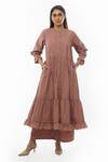 Buy_KHAT_Pink Poplin Cotton Plain Round Neck Pintucked Yoke Tiered Dress And Pant Set _at_Aza_Fashions