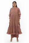 KHAT_Pink Poplin Cotton Plain Round Neck Pintucked Yoke Tiered Dress And Pant Set _Online_at_Aza_Fashions