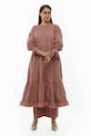 Shop_KHAT_Pink Poplin Cotton Plain Round Neck Pintucked Yoke Tiered Dress And Pant Set _Online_at_Aza_Fashions