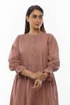 KHAT_Pink Poplin Cotton Plain Round Neck Pintucked Yoke Tiered Dress And Pant Set _at_Aza_Fashions