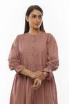 KHAT_Pink Poplin Cotton Plain Round Neck Pintucked Yoke Tiered Tunic Pant Set _at_Aza_Fashions