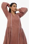 KHAT_Pink Poplin Cotton Plain V Neck Side Gathered Dress And Pant Set _Online_at_Aza_Fashions