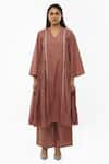 Buy_KHAT_Pink Poplin Cotton Plain V Neck Side Gathered Dress And Pant Set _Online_at_Aza_Fashions