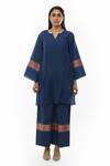 Buy_Khat_Blue , Handloom Collared Handwoven Striped Tunic Pant Set _Online_at_Aza_Fashions