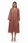 Buy_KHAT_Pink Poplin Cotton Plain V Neck Side Gathered Panelled Dress _Online_at_Aza_Fashions