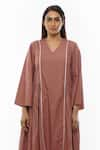 Shop_KHAT_Pink Poplin Cotton Plain V Neck Side Gathered Panelled Dress _Online_at_Aza_Fashions