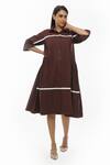 KHAT_Brown Poplin Cotton Plain Collar Side Gathered Shirt Dress _Online_at_Aza_Fashions