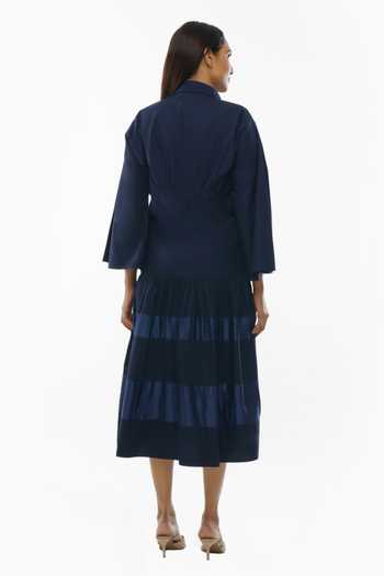 Shop_Khat_Blue Cotton Collared Sleeve Shirt Dress And Pant Set _at_Aza_Fashions