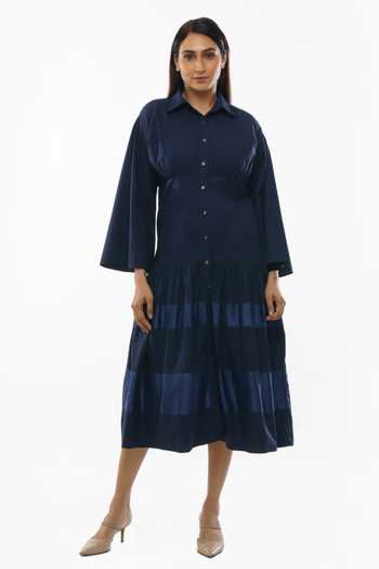 Khat_Blue Cotton Collared Sleeve Shirt Dress And Pant Set _Online_at_Aza_Fashions