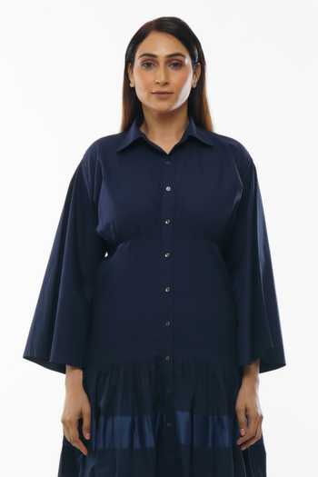 Buy_Khat_Blue Cotton Collared Sleeve Shirt Dress And Pant Set _Online_at_Aza_Fashions