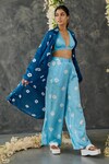 Gulaal_Blue Modal Satin Printed Hand Tie-dyed Bandhani Lapel Shrug And Pant Set _Online_at_Aza_Fashions