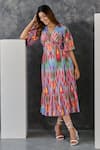 Gulaal_Grey Cotton Printed Abstract V Neck Midi Dress _Online_at_Aza_Fashions