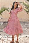 Buy_Gulaal_Pink Cotton V-neck Stripe Print Midi Dress _at_Aza_Fashions