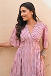 Buy_Gulaal_Pink Cotton V-neck Stripe Print Midi Dress _Online_at_Aza_Fashions