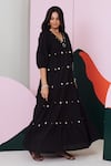 Shop_Gulaal_Black Cotton Embroidered Mirror V Neck Tiered Maxi Dress _at_Aza_Fashions