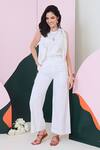 Shop_Gulaal_White Cotton Mirrors Open Neck, Round Sleeveless Embroidered Jacket Pant Set _at_Aza_Fashions