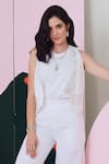 Gulaal_White Cotton Mirrors Open Neck, Round Sleeveless Embroidered Jacket Pant Set _Online_at_Aza_Fashions