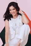 Shop_Gulaal_White Cotton Mirrors Open Neck, Round Sleeveless Embroidered Jacket Pant Set _Online_at_Aza_Fashions