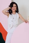 Gulaal_White Cotton Mirrors Open Neck, Round Sleeveless Embroidered Jacket Pant Set _at_Aza_Fashions