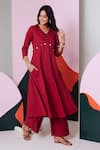 Buy_Gulaal_Maroon Cotton Embroidered Mirror V Neck Anarkali Palazzo Set _Online_at_Aza_Fashions