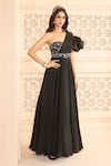 Buy_Aariyana Couture_Black Crepe Hand Embroidered Floral Patterns Asymmetric One Shoulder Gown _Online_at_Aza_Fashions