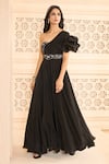 Aariyana Couture_Black Crepe Hand Embroidered Floral Patterns Asymmetric One Shoulder Gown _at_Aza_Fashions