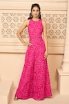 Buy_Aariyana Couture_Pink Georgette Embroidered Floral And Leaf Round Jumpsuit _at_Aza_Fashions