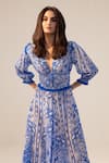 REENA SHARMA_Blue Bemberg Georgette Printed Floral Plunge Blossom Dress _Online_at_Aza_Fashions