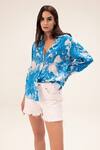 REENA SHARMA_Blue Pure Cotton Crepe Printed Botanical Spread Collar Azure Shirt _Online_at_Aza_Fashions