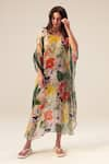 Buy_REENA SHARMA_Multi Color Bamberg Georgette Printed Botanical V Neck Eden Kaftan _at_Aza_Fashions