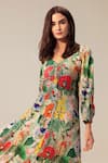 REENA SHARMA_Green Viscose Moss Crepe Printed Flower V Neck Eden Midi Dress _Online_at_Aza_Fashions