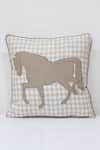 Buy_Linen Bloom_Beige 100% Pure Linen Horse Applique Thread Embroidered And Checkered Cushion _at_Aza_Fashions