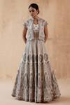 Shop_Aman Takyar_Grey Pure Organza Embroidery Sequin Jacket Mandarin Collar Thread Lehenga Set _at_Aza_Fashions