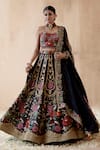 Shop_Aman Takyar_Black Raw Silk Embroidery Thread Sweetheart Neck Foliage Bridal Lehenga Set _at_Aza_Fashions