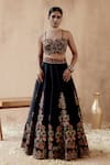 Aman Takyar_Black Raw Silk Embroidery Resham Paisley Floral Bridal Lehenga Set _Online_at_Aza_Fashions