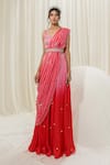 Buy_Ease_Pink Satin Organza Embroidered Jaal V Neck Palazzo Saree Set _at_Aza_Fashions