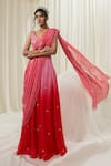 Ease_Pink Satin Organza Embroidered Jaal V Neck Palazzo Saree Set _at_Aza_Fashions