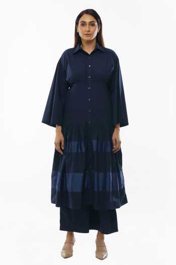 Buy_Khat_Blue Cotton Collared Sleeve Shirt Dress And Pant Set _at_Aza_Fashions