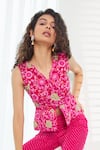 Shop_Lalita Dagliya_Pink Georgette Embroidered Floral V Neck Top And Pant Set _at_Aza_Fashions