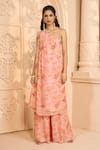 Buy_Aariyana Couture_Peach Printed Floral Patterns One Shoulder Kurta And Pant Set  _Online_at_Aza_Fashions