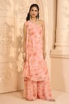 Shop_Aariyana Couture_Peach Printed Floral Patterns One Shoulder Kurta And Pant Set  _Online_at_Aza_Fashions