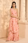 Aariyana Couture_Peach Printed Floral Patterns One Shoulder Kurta And Pant Set  _at_Aza_Fashions